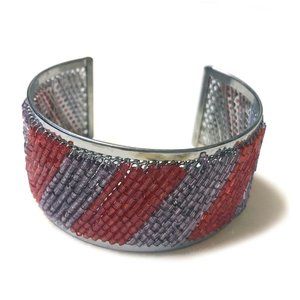 Handmade Glass Bead Cuff Bracelet Red Violet NWOT